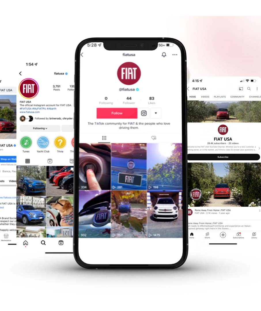 Un smartphone muestra una página del sitio web de Fiat USA. Al fondo, un collage de páginas adicionales del sitio.