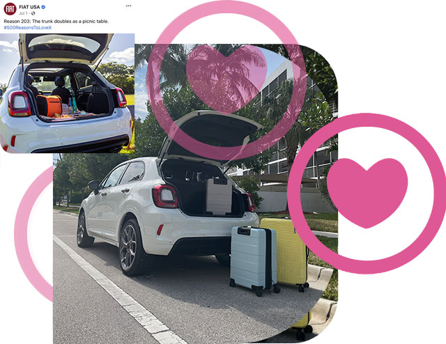 Dos versiones de un Fiat 500X Sport de 2023 con el portón trasero abierto y equipaje variado dentro y fuera del área de carga. Un emoji de corazón.