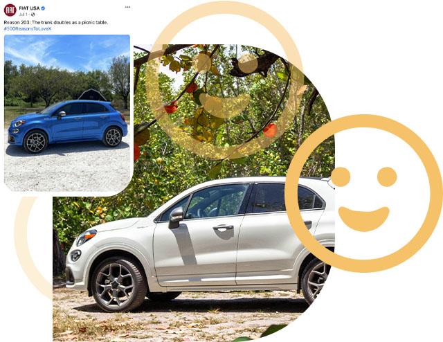 Dos perfiles de Fiat del lado del conductor: un Fiat 500X Sport azul de 2023 y un Fiat 500X Sport blanco de 2023. Un emoji de cara feliz.
