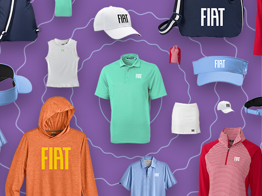 A grouping of Fiat Brand merchandise including water bottles, a jacket, polo shirt, wine cooler and computer backpack.
