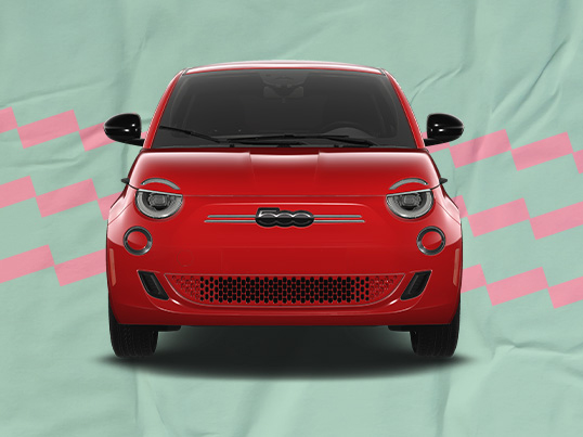 The Fiat Society logo and an angled front end of a red 2024 Fiat 500e.